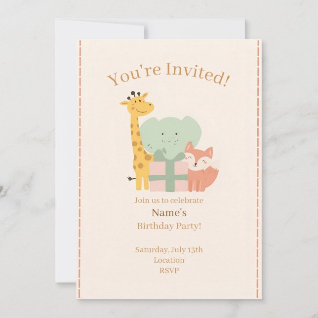 Cute Safari Animals Kids Birthday Invitation Card (Front)