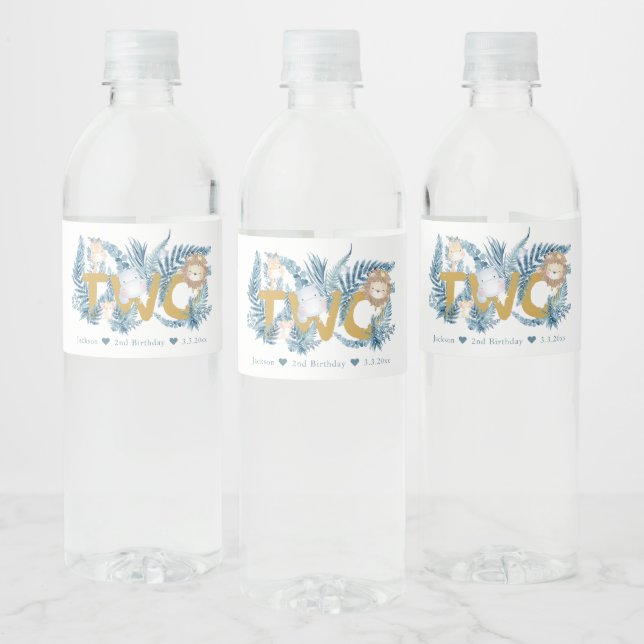Cute Safari Animals Personalized 2nd Birthday Water Bottle Label (Bottles)