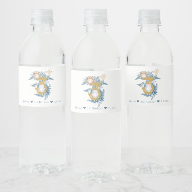 Cute Safari Animals Personalized 3rd Birthday Water Bottle Label (Bottles)