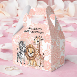 Cute Safari Animals Pink Florals Girl Baby Shower Favor Box