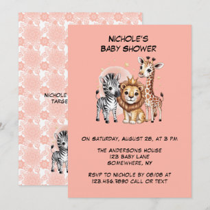 Cute Safari Animals Pink Florals Girl Baby Shower Invitation