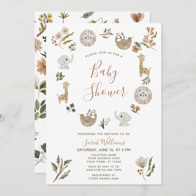 Cute Safari Animals Script Boho Baby Shower Invitation (Front/Back)