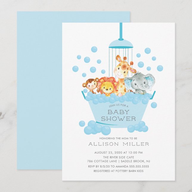 Cute Safari Animals Shower Boys Baby Invitation (Front/Back)