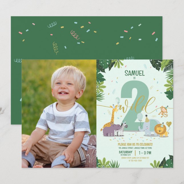 Cute Safari Animals Two Wild Photo Birthday Invitation (Front/Back)