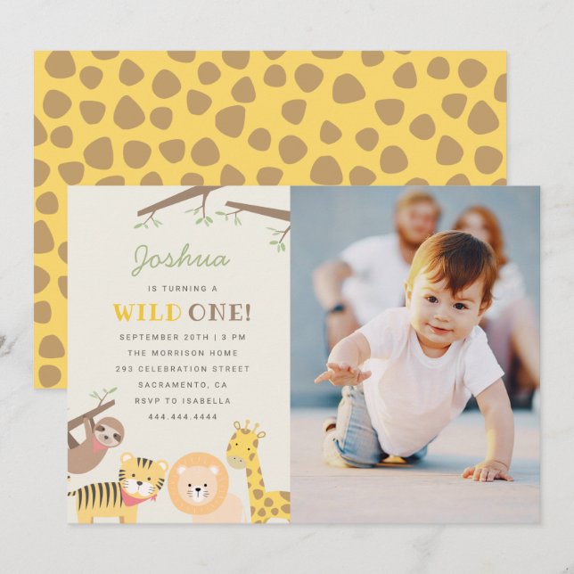 Cute Safari Animals Wild One Photo Birthday Invitation (Front/Back)