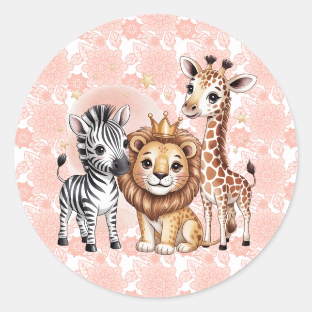 Cute Safari Animals With Pink Florals Classic Round Sticker (Front)