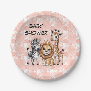Cute Safari Animals With Pink Florals Paper Plate