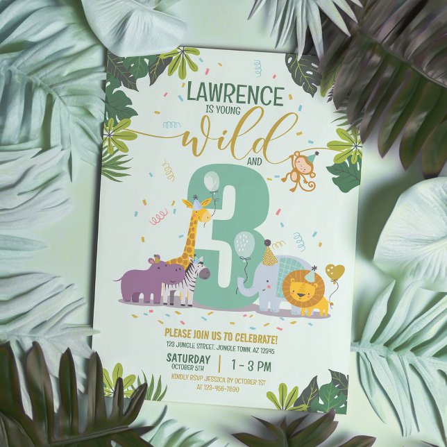 Cute Safari Animals Young Wild and Three Birthday Invitation (Creator Uploaded)