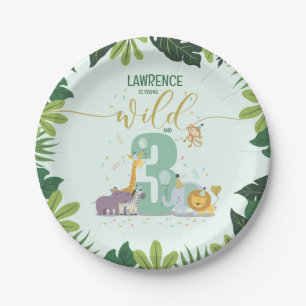 Cute Safari Animals Young Wild & Three Birthday Paper Plate