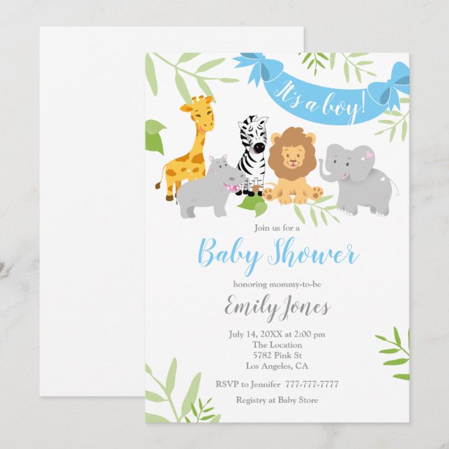 Cute Safari Animaux Baby shower Boy Invitation (Devant / Derrière)
