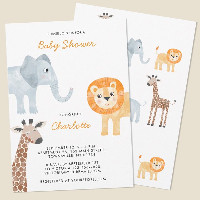 Cute Safari Animaux Baby shower Invitation (Safari animal watercolor personalized baby shower invitation with original art by Nic Squirrell. )