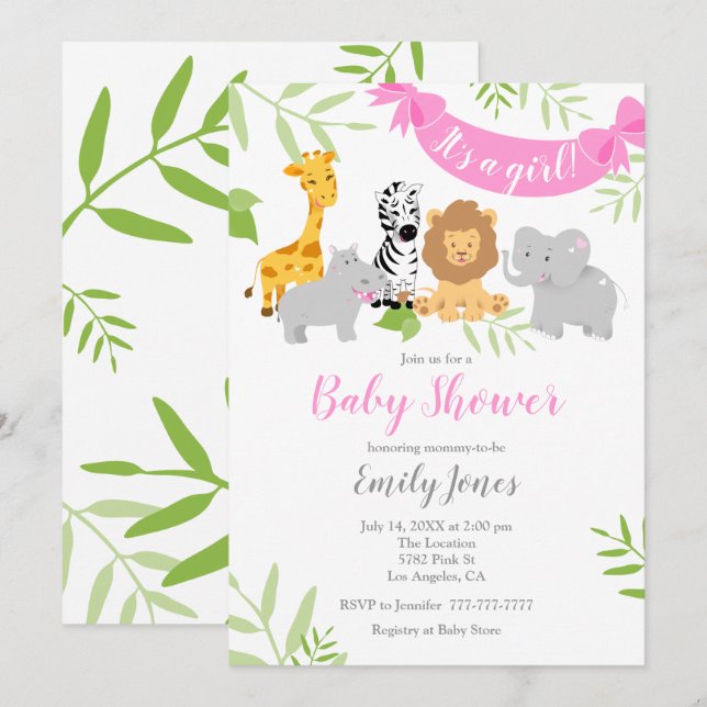 Cute Safari Animaux Baby shower Invitation fille (Devant / Derrière)