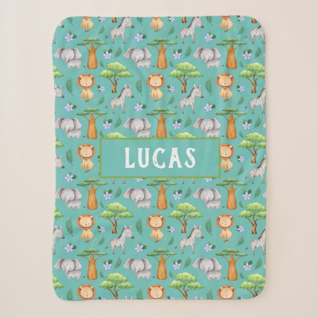 Cute Safari Baby Animals Personalized Name Sherpa  Sherpa Blanket (Front)