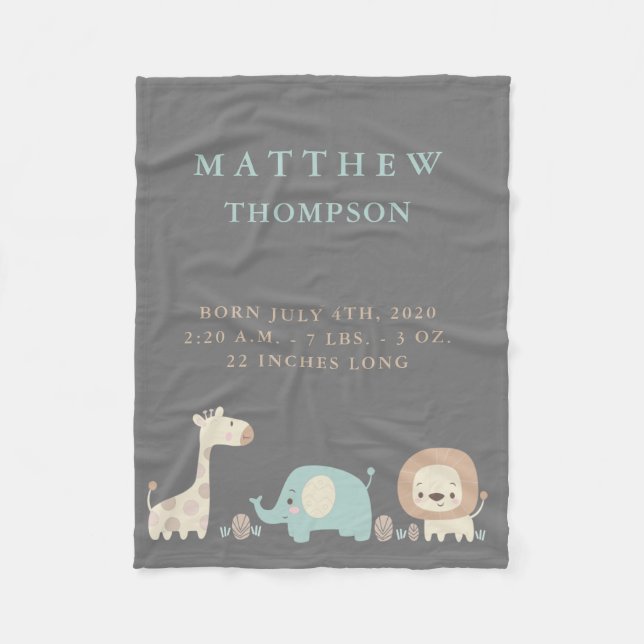 Cute Safari Birth Announcement Fleece Baby Blanket (Front)