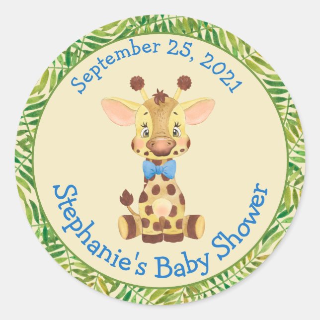 Cute Safari Giraffe Personalized Boy Baby Shower Classic Round Sticker (Front)