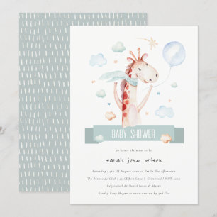 Cute Safari Giraffe Star Cloud Balloon Baby Shower Invitation