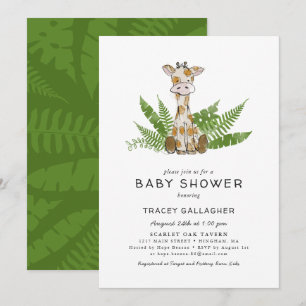 Cute Safari Giraffe with Jungle Leaves Baby Shower Invitation