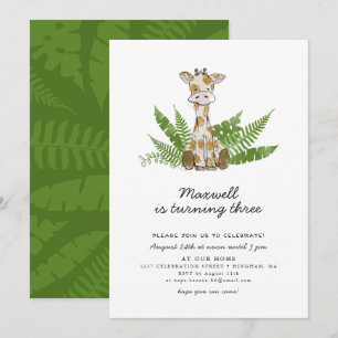 Cute Safari Giraffe with Jungle Leaves Birthday Invitation