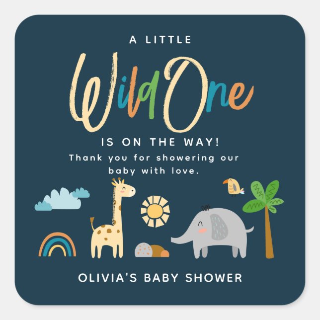 Cute Safari Jungle Animal Wild One Baby Shower Square Sticker (Front)