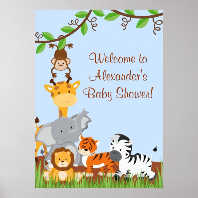 Cute Safari Jungle Animals Baby Boy Shower Poster (Front)