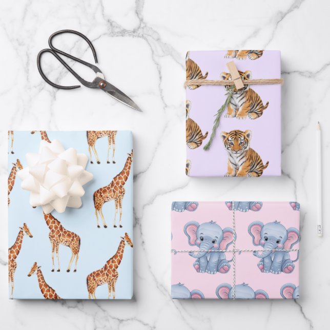 Cute Safari Jungle Animals elephant Tiger Giraffe  Wrapping Paper Sheet (Front)