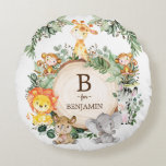 Cute Safari Jungle Animals Monogram Baby Nursery Round Pillow<br><div class="desc">This unique design features beautiful rustic watercolor botanical greenery and adorable jungle animals</div>