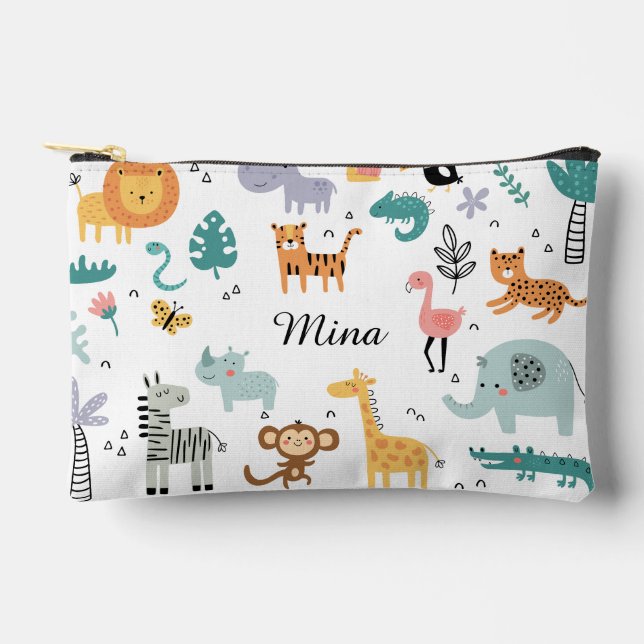 Cute Safari Jungle Animals Personalized Baby Name Accessory Pouch (Front)