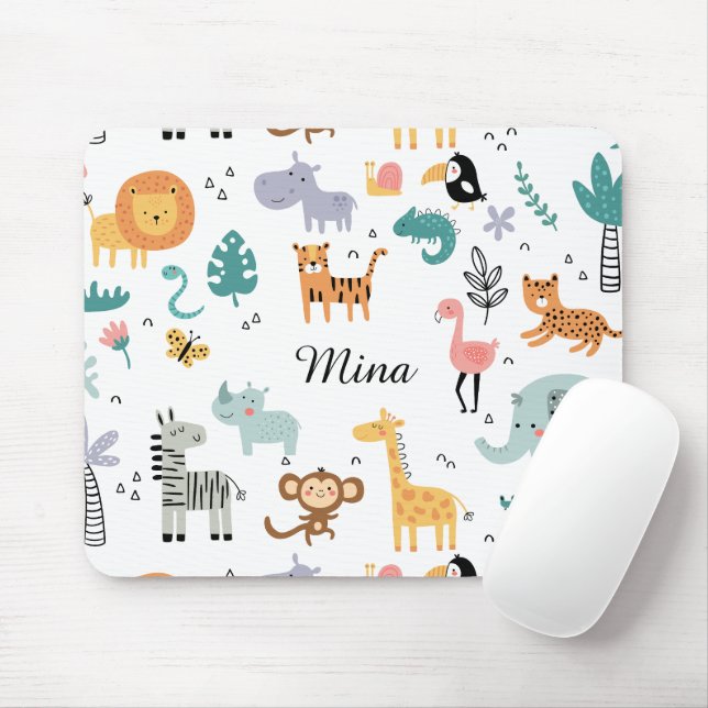 Cute Safari Jungle Animals Personalized Baby Name Mouse Pad (With Mouse)