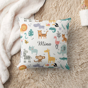Cute Safari Jungle Animals Personalized Baby Name Throw Pillow
