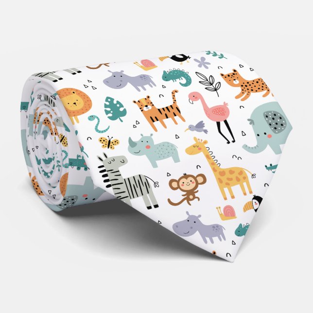 Cute Safari Jungle Animals Personalized Baby Name Tie (Rolled)