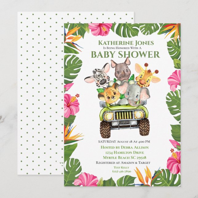 Cute Safari Jungle Animaux Baby shower Invitation (Devant / Derrière)