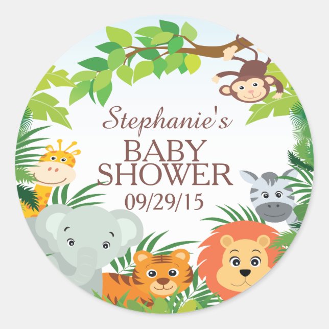 Cute Safari Jungle Baby Shower Favour Sticker (Front)