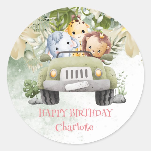 Cute Safari jungle Birthday cub Race Car party Classic Round Sticker (Front)
