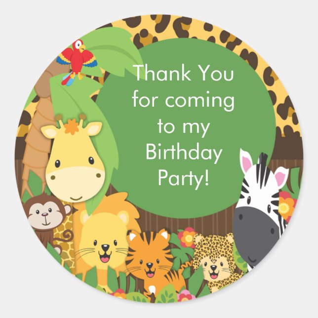 Cute Safari Jungle Birthday Party Classic Round Sticker (Front)