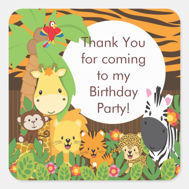 Cute Safari Jungle Birthday Party Square Sticker (Front)