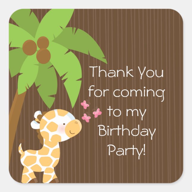 Cute Safari Jungle Giraffe Birthday Party Square Sticker (Front)