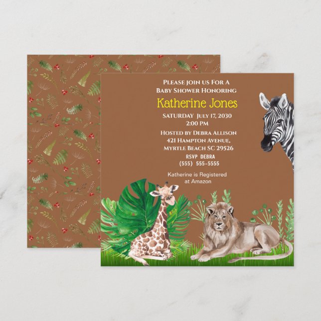 Cute Safari Jungle Lion Giraffe Zebra Baby Shower  Invitation (Front/Back)