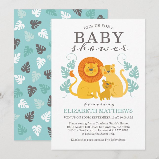 Cute Safari Jungle Lion Virtual Boy Baby Shower Invitation (Front/Back)