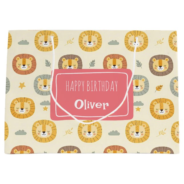 Cute Safari Lion Face Pattern Personalized  Large Gift Bag (Front)