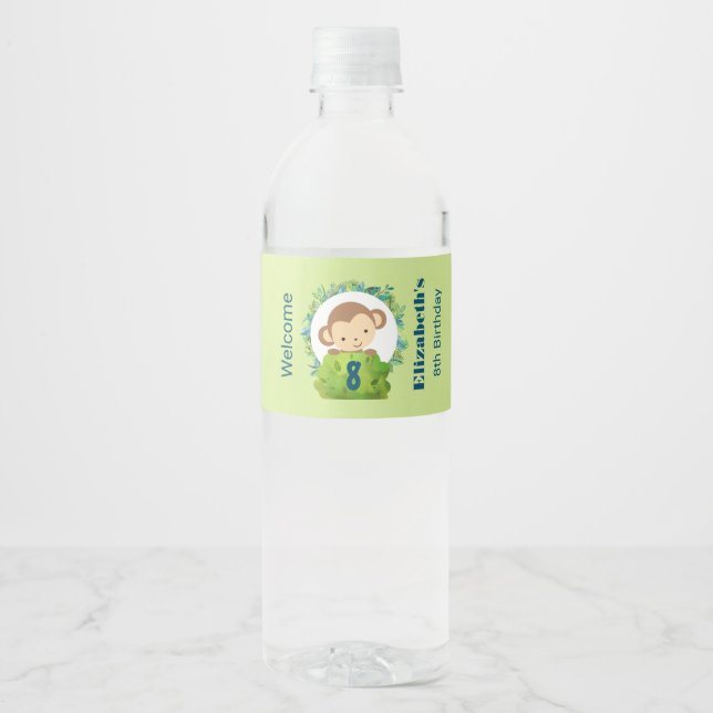 Cute Safari Monkey Birthday Welcome Water Bottle Label (Front)