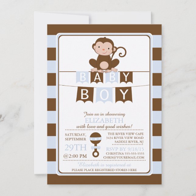 Cute Safari Monkey Boys Baby shower Invitation (Devant)