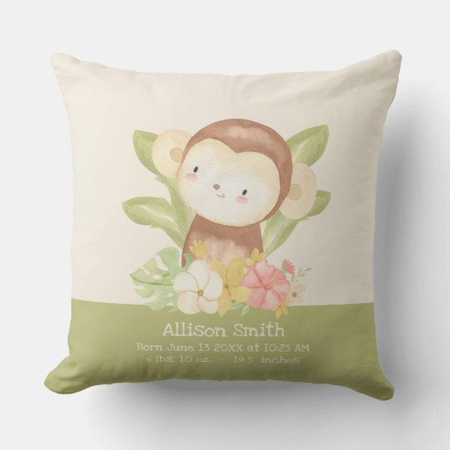 Cute Safari Monkey Green Stripes Birth Stats Throw Pillow (Front)