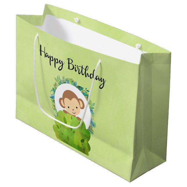 Cute Safari Monkey Happy Birthday Large Gift Bag (Front Angled)