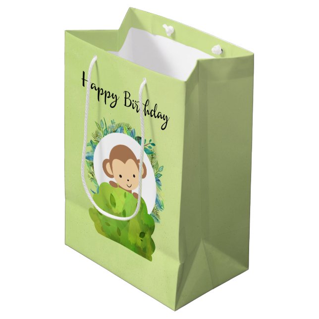 Cute Safari Monkey Happy Birthday Medium Gift Bag (Front Angled)