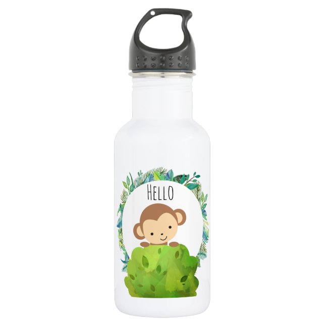 Cute Safari Monkey Hello 532 Ml Water Bottle (Front)