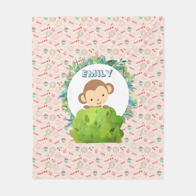 Cute Safari Monkey on Candy Pattern Personalized Fleece Blanket (Front)