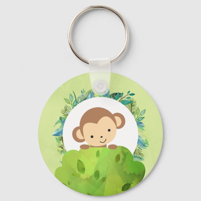 Cute Safari Monkey with Tropical Leaves Keychain (Front)