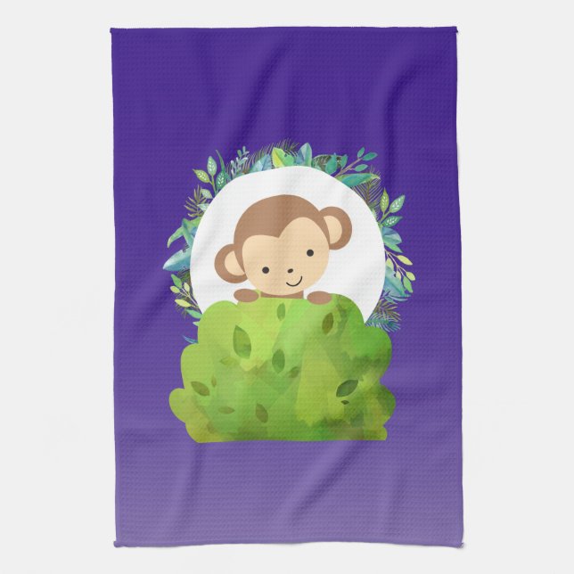Cute Safari Monkey with Tropical Leaves on Purple Kitchen Towel (Vertical)