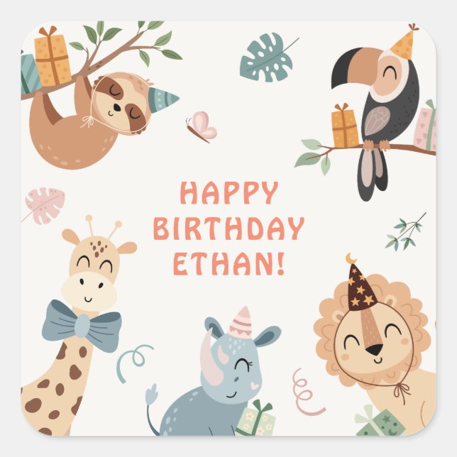 Cute Safari Party Animals Kids Birthday Square Sticker (Front)