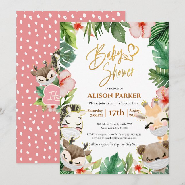 Cute Safari Pink Floral Greenery Baby Girl Shower  Invitation (Front/Back)